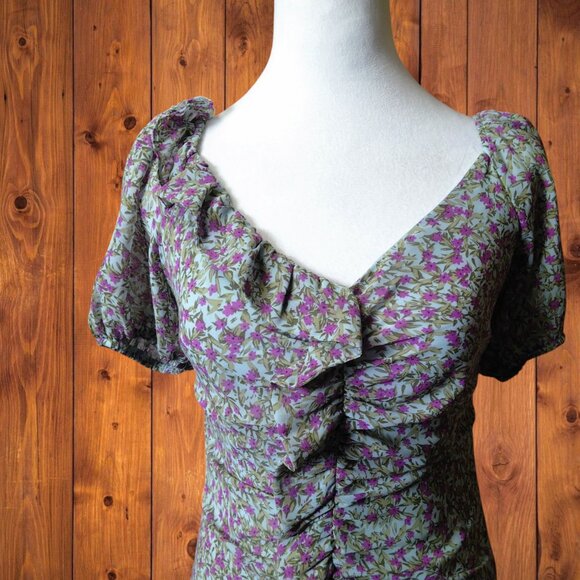 ASTR The Label Women's Small Shirred Floral Ruffle Mini Dress Short Puff Sleeve - Picture 4 of 7